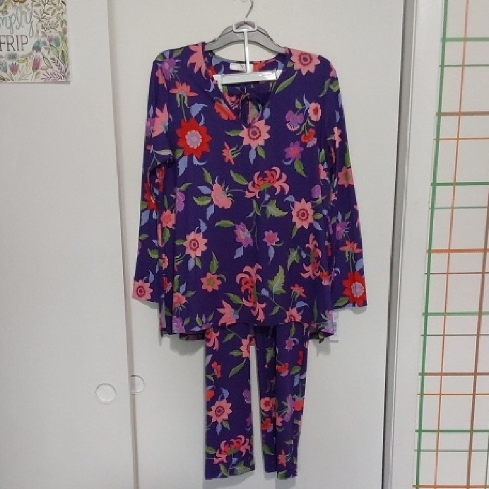 Natori Purple & Red  Cozy Knit Pajama Sets Elegant Floral Sleepwear